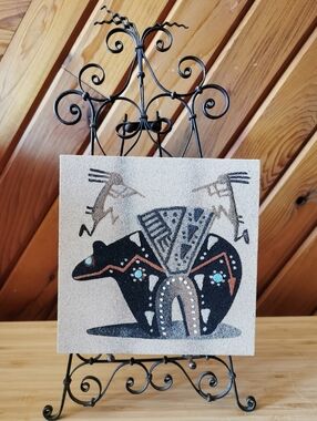 Vintage Navajo Sandpainting Bear & Kokopelli by Virginia Tyler
